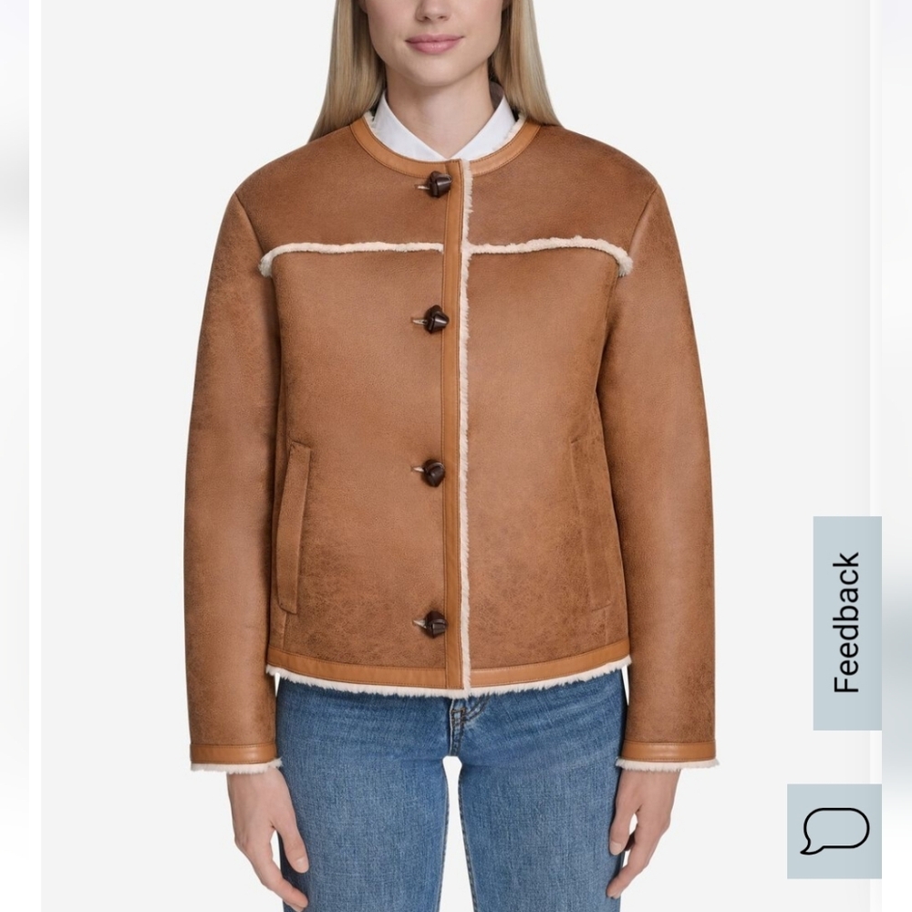 Cole Haan Tan Waxed Suede Shearling Jacket XS - Picture 3 of 4